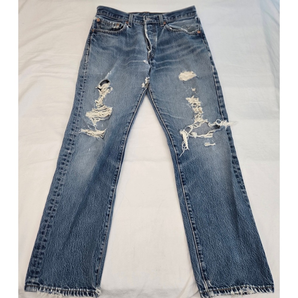 VINTAGE 90s Levi's 501 THRESHED Denim Jeans Men‎ 31x30 Button Fly Made in Mexico